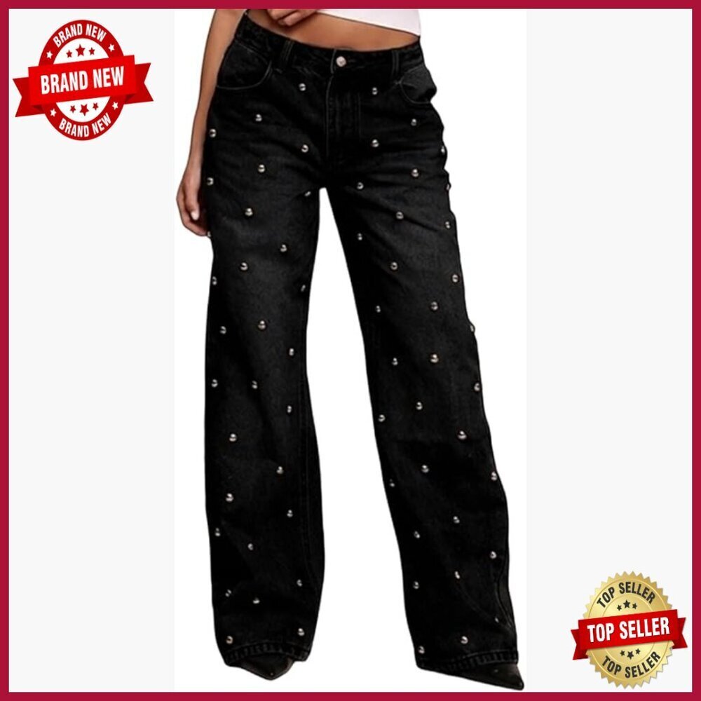 High Waisted Straight Wide Leg Embellished Denim Pants with Studs and Glitter